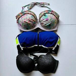 Bundle of 3 Bras Victoria's Secret Uplift Semi Demi VSX  Sports Bra Swim Sz 34D
